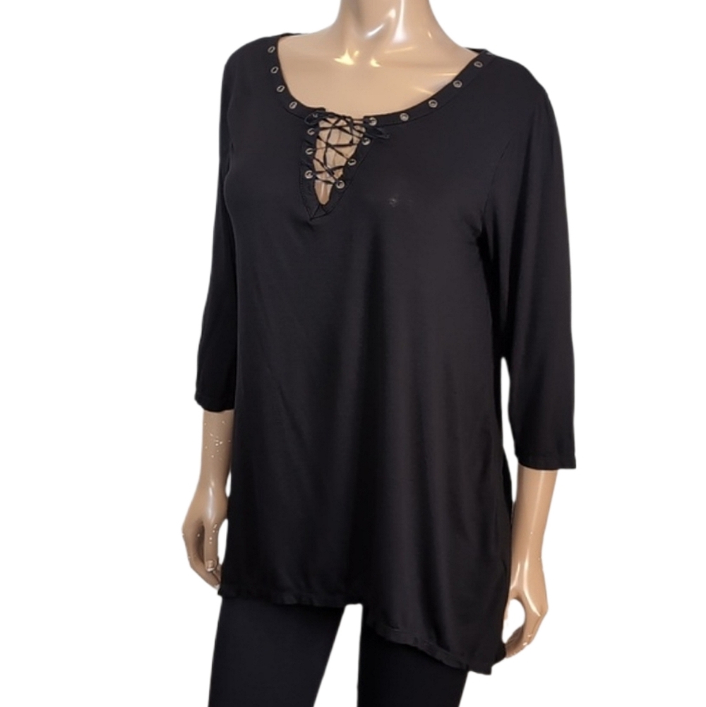 Max Studio Black Lace Up Grommet Tunic Top 3/4 Sleeve Edgy Womens Size Large XL